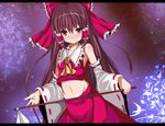  ascot blush bow brown_eyes brown_hair detached_sleeves furagu gohei groin hair_bow hair_tubes hakurei_reimu letterboxed long_hair midriff navel skirt solo touhou very_long_hair 