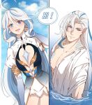  1boy 1girl ahoge alternate_costume blue_eyes blue_hair breasts bright_pupils closed_mouth day dress drop-shaped_pupils english_text eyelashes focalors_(genshin_impact) genshin_impact grey_hair hair_between_eyes hand_up heterochromia highres leaning_forward lips long_hair long_sleeves looking_at_viewer mature_male mismatched_pupils multicolored_hair neuvillette_(genshin_impact) nipples open_mouth outdoors partially_submerged pectorals pointy_ears purple_eyes rchella scales small_breasts smile symbol-shaped_pupils toned toned_male turtleneck turtleneck_dress two_side_up very_long_hair water white_hair white_pupils 