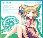  album_cover animal_ears artist_name belt bracelet breasts brown_eyes brown_hair circle_name cover dress drop_shadow headphones jewelry lace lace-trimmed_skirt maikaze medium_breasts mouth_hold one_eye_closed outline shirt sitting skirt sleeveless sleeveless_shirt solo song_name tareme tokine_(maikaze) touhou toyosatomimi_no_miko wheel 
