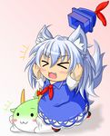  &gt;_&lt; :3 animal_ears arms_up blue_dress blush blush_stickers chibi closed_eyes dog_ears dog_tail dress ex-keine fang hat horns kamishirasawa_keine kamishirasawa_keine_(hakutaku) kemonomimi_mode kokujuuji open_mouth silver_hair smile solo sukusuku_hakutaku tail touhou 