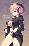  bdsm blueberry_(5959) bondage bound breasts brown_eyes cleavage elf highres horns large_breasts naked_robe navel nomu_(race) open_clothes pink_hair pointy_ears robe rope shibari shibari_under_clothes short_hair simple_background solo thighs wizardry_online 