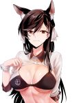  1girl animal_ears atago_(azur_lane) azur_lane bangs black_hair bow bra breasts brown_eyes closed_mouth commentary extra_ears eyebrows_visible_through_hair highres large_breasts logo mole mole_under_eye race_queen ribbon shiny shiny_skin shrug smile solo suprii swept_bangs underwear upper_body white_background white_bow white_ribbon wrist_cuffs 