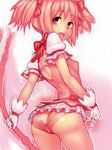  adapted_costume arched_back ass ass_cutout back_cutout blush bow bow_(weapon) breasts covered_nipples from_behind fumio_(rsqkr) hair_ribbon heart_cutout kaname_madoka looking_at_viewer looking_back magical_girl mahou_shoujo_madoka_magica nipples no_bra open_mouth pink_eyes pink_hair ribbon see-through short_hair short_twintails sketch small_breasts solo twintails weapon 
