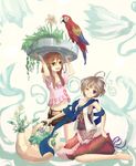  armpits bad_id bad_pixiv_id barefoot bird blue_eyes brown_eyes brown_hair casual flower hiiragi_shou kneeling long_hair macaw midriff multiple_girls navel one_eye_closed original parrot scarlet_macaw short_hair sitting smile vest 