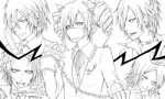  3girls chain choker cuffs drill_hair earrings eyepatch face_mask greyscale gun handcuffs hatsune_miku jewelry kagamine_len kagamine_rin kaito karu_(666) knife lineart mask meiko monochrome multiple_boys multiple_girls smile surgical_mask twin_drills twintails vocaloid weapon 