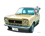  1girl absurdres animal_ears blue_capelet blue_hair capelet car commentary driving fiat goldframe green_shirt highres motor_vehicle mouse_ears mouse_girl open_mouth original red_eyes shirt simple_background vehicle_focus white_background 