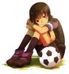  ancient_dark asahikawa_hiyori ball brown_eyes brown_hair hair_ornament inazuma_eleven_(series) inazuma_eleven_go male_focus shuu_(inazuma_eleven) sitting smile soccer_ball soccer_uniform solo sportswear telstar white_background 