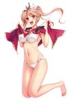  bad_id bad_pixiv_id barefoot bikini blonde_hair blush bow breasts brown_eyes capelet cleavage crown feet groin happy jumping long_hair medium_breasts momoi_komomo navel open_mouth original shiny shiny_skin simple_background solo swimsuit twintails underboob white_background 