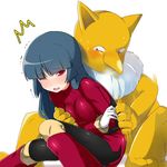  1girl bike_shorts blue_hair blush boots breast_grab breasts gen_1_pokemon gloves grabbing hime_cut hizuki_akira hypno long_hair medium_breasts natsume_(pokemon) one_eye_closed pokemon pokemon_(creature) pokemon_(game) pokemon_frlg red_eyes tears tickling 