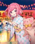  +_+ 1girl :o alternate_costume az_37331m blurry blurry_background blush candy checkered doki_doki_literature_club festival food hair_ribbon highres looking_at_viewer natsuki_(doki_doki_literature_club) obi pink_eyes pink_hair pov pov_hands red_ribbon ribbon sash short_hair solo_focus stuffed_toy two_side_up 