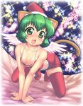  :3 all_fours animal_ears blush breasts cat_ears collarbone downblouse green_eyes green_hair hase_yu hat midriff nyano open_mouth original red_legwear santa_hat short_hair shorts small_breasts solo sparkle star starry_background tail thighhighs 