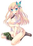  blonde_hair blue_eyes blush boku_wa_tomodachi_ga_sukunai breast_hold breasts butterfly_hair_ornament censored crossed_arms hair_ornament inugahora_an kashiwazaki_sena lace lace-trimmed_panties large_breasts legs long_hair miniskirt necktie novelty_censor open_clothes open_shirt panties pink_panties plaid plaid_skirt school_uniform shirt side-tie_panties sitting skirt smile socks solo st._chronica_academy_uniform thighs underwear 