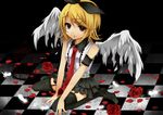  angel_wings bad_id bad_pixiv_id blonde_hair checkered checkered_floor flower garter_straps hair_ornament hair_ribbon hairclip kagamine_rin necktie petals red_eyes ribbon rose sakura_yuki_(clochette) short_hair sitting skirt solo thighhighs vocaloid wings zettai_ryouiki 