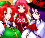  braid breasts bun_cover capelet double_bun han_(jackpot) hat hong_meiling ibaraki_kasen large_breasts long_hair multiple_girls nagae_iku pink_eyes pink_hair purple_hair red_eyes red_hair smile star touhou twin_braids 