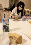  1girl angel_food_cake black_eyes black_hair black_shirt black_undershirt book breasts cake cake_slice cellphone coffee_mug cup curtains dessert dining_room drawstring drinking_straw eating english_text food fork grape_juice hair_between_eyes highres holding holding_fork hood hood_down hoodie indoors juice juice_box light_blush long_bangs long_hair long_sleeves looking_at_food mug obon_(ensoku_300en) open_mouth original paper phone plate pov shelf shirt small_breasts smartphone solo table white_hoodie 
