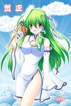  alternate_costume breasts china_dress chinese_clothes cleavage cleavage_cutout detached_sleeves dress frog gohei green_hair impossible_clothes impossible_dress kochiya_sanae large_breasts legs long_hair no_panties osashin_(osada) side_slit snake solo thighs touhou 