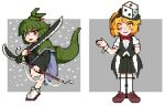  2others adagumo_no_saragimaru androgynous black_overskirt black_skirt black_vest blonde_hair bow bowtie brown_footwear commentary_request full_body green_hair gzpxllztt holding holding_sword holding_weapon len'en loafers multiple_others overskirt pixel_art red_bow red_bowtie red_eyes shirt shoes short_hair simple_background skirt socks sword vest weapon white_shirt white_socks wrist_cuffs xeno_a yellow_eyes 