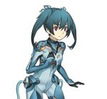  blue_hair bodysuit flat_chest long_hair nagi_ryou official_art red_eyes short_twintails smile solo steel_chronicle twintails white_background yun_rina 