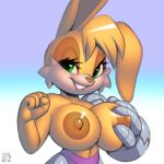  anthro beige_nipples big_breasts bionic_arm biting_lip breasts bunnie_rabbot clothed clothing cybernetics cyborg female fist fur gradient_background green_eyes half-length_portrait holding_breast lagomorph machine mammal nipples portrait rabbit simple_background smile solo sonic_(series) topless xylas yellow_fur 