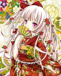  alternate_hairstyle braid covering_mouth fan floral_print fujiwara_no_mokou hair_ribbon harukaruha highres japanese_clothes kimono long_hair obi purple_hair ribbon sash silver_hair solo touhou twin_braids very_long_hair 