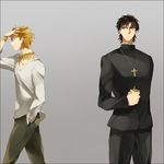  amakura_(am_as) blonde_hair brown_hair cross fate/stay_night fate/zero fate_(series) flower gilgamesh grey_background jewelry kotomine_kirei male_focus multiple_boys necklace simple_background 