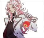  apple border coat food fruit gloves long_hair looking_at_viewer male_focus mamefuku mawaru_penguindrum md5_mismatch pink_eyes pink_hair simple_background smirk solo turtleneck watase_sanetoshi white_gloves 