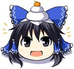  black_eyes black_hair blue bow food food_on_head fruit hair_bow hair_tubes hakurei_reimu kagami_mochi mochizuki_ado no_humans object_on_head open_mouth orange player_2 shadow solo touhou yukkuri_shiteitte_ne 