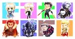  6+boys armor artoria_pendragon_(all) assassin_(fate/zero) berserker_(fate/zero) caster_(fate/zero) chibi dual_persona excalibur fate/zero fate_(series) female_assassin_(fate/zero) formal full_armor gae_buidhe gae_dearg gilgamesh highres knight lancer_(fate/zero) mask multiple_boys multiple_girls pant_suit polearm ponytail rider_(fate/zero) saber smoke spear suit sword usoco weapon 