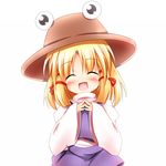  :d ^_^ baku-p blonde_hair blush closed_eyes hair_ribbon hat looking_at_viewer moriya_suwako no_nose open_mouth ribbon short_hair sidelocks simple_background skirt smile solo steepled_fingers touhou white_background wide_sleeves 