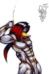  &hearts; abs angelbreed anthro avian balls beak cigarette dialog dialogue duck eyewear glasses hair looking_at_viewer male muscles nude pecs penis pose red_eyes red_hair solo text 