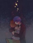  1girl blazer blue_hair brown_hair closed_eyes couple hands_on_another's_chest hetero hug jacket kichiko mawaru_penguindrum necktie night night_sky oginome_ringo school_uniform serafuku short_hair sky star star_(sky) starry_sky takakura_shouma 