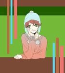  1boy chin_rest earflap_hat green_eyes hat hat_pompoms kyle kyle_broflovski male male_focus red_hair smile solo south_park table 