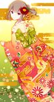  akaimo_satsuma bad_id bad_pixiv_id bangs bow brown_hair egasumi floral_print flower from_behind goma_(11zihisin) hair_flower hair_ornament highres japanese_clothes kimono looking_back male_focus new_year obi original otoko_no_ko patterned ponytail purple_eyes red_eyes sash shippou_(pattern) short_hair smile solo wide_sleeves 