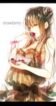  absurdres bad_id bad_pixiv_id brown_hair double_bun earrings eating english food fruit highres jewelry kazari_tayu long_hair nail_polish original red_eyes ribbon see-through simple_background solo strawberry white_background 