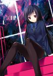  accel_world black_hair black_legwear blazer bow brown_eyes convenient_leg jacket kuroyukihime long_hair mitsu_king pantyhose school_uniform sitting skirt smile solo umesato_middle_school_uniform very_long_hair 