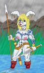  amazon belt body_markings breasts ear_piercing earring female greygarou_(artist) lagomorph lake mammal markings muscles muscular_female nipples piercing polearm pussy rabbit rain solo spear sword tattoo warrior water weapon wet 