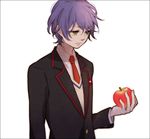  apple blazer blue_hair border food fruit green_eyes holding holding_food holding_fruit jacket male_focus mamefuku mawaru_penguindrum necktie school_uniform simple_background solo takakura_shouma vest 