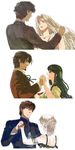  3girls bad_id bad_pixiv_id bandages black_hair brown_eyes brown_hair claudia_hortensia couple cross dancing emiya_kiritsugu facial_hair fate/zero fate_(series) formal goatee green_eyes hetero highres holding_hands husband_and_wife irisviel_von_einzbern kotomine_kirei multiple_boys multiple_girls open_mouth red_eyes short_hair suit toosaka_aoi toosaka_tokiomi white_hair yukasu 