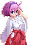  :d ahoge bangs bare_arms blue_eyes breasts eyebrows eyebrows_visible_through_hair hair_between_eyes hairband hakama hakama_skirt hand_up haori highres japanese_clothes long_sleeves medium_breasts miko ooyama_kina open_mouth original outline purple_hair purple_hairband red_hakama red_skirt short_hair simple_background skirt smile solo tongue white_background wide_sleeves 