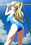  alternate_hairstyle annoyed ass blonde_hair blue_eyes boku_wa_tomodachi_ga_sukunai breasts butterfly_hair_ornament chain-link_fence competition_swimsuit fence from_behind from_below hair_ornament impossible_clothes impossible_swimsuit ishizu_kayu kashiwazaki_sena large_breasts long_hair looking_back one-piece_swimsuit ponytail solo swimsuit 