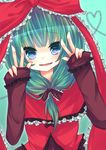  bad_id bad_pixiv_id blue_eyes bow capelet dress frills front_ponytail green_hair grin hair_bow hair_ribbon haruka225 heart kagiyama_hina ribbon smile solo touhou v 