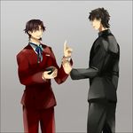  amakura_(am_as) box brown_hair closed_eyes fate/stay_night fate/zero fate_(series) formal grey_background kotomine_kirei male_focus multiple_boys simple_background smile suit toosaka_tokiomi 