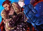  armor beard blonde_hair blue_eyes cape crossed_arms dutch_angle facial_hair fate/zero fate_(series) hair_slicked_back kakesu_(freiheit) kayneth_el-melloi_archibald light_particles male_focus multiple_boys red_eyes red_hair rider_(fate/zero) what_if 