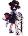  bambuuusia black_eyes black_hair black_hat black_vest collared_socks detached_sleeves earthen_miraculous_sword enraku_tsubakura eye_of_senri full_body green_skirt hat highres holding holding_sword holding_weapon len'en long_sleeves orange_outline outline redrawn sandals shirt signature skirt smile standing sword vest weapon white_background white_shirt white_sleeves yellow_outline 