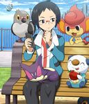  apple bench black_eyes black_hair cat cheren_(pokemon) city cityscape day ducklett fence food fruit gen_5_pokemon glasses holding holding_food holding_fruit male_focus oshawott outdoors pansear pidove pokedex pokemoa pokemon pokemon_(creature) pokemon_(game) pokemon_bw purrloin roggenrola sitting 