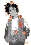  1boy artist_name aura batman_(series) black_hair child closed_mouth damian_wayne dc_comics glowing green_eyes green_lantern_(series) highres jacket looking_at_viewer male_focus open_clothes orange_lantern pants power_ring_(green_lantern) robin_(animal) robin_(bird) shirt short_hair signature simone_di_meo simple_background solo 