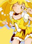  bad_id bad_pixiv_id blonde_hair bow choker cure_peace hair_flaps highres kise_yayoi long_hair magical_girl one_eye_closed orange_choker precure ryuuama shorts shorts_under_skirt skirt smile_precure! solo v v_over_eye yellow yellow_bow yellow_eyes yellow_shorts yellow_skirt 