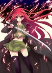  alastor_(shakugan_no_shana) coat fire highres jewelry long_hair pendant realmbw red_eyes red_hair school_uniform serafuku shakugan_no_shana shana sword thighhighs weapon 