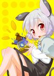  animal_ears bad_id bad_pixiv_id bishamonten's_pagoda blush capelet dress gem glowing grey_dress grey_eyes highres jewelry jigatei_(omijin) mouse_ears mouse_tail nazrin necklace open_mouth pendant red_eyes shirt short_hair silver_hair sitting solo tail touhou 