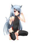  ahoge animal_ears bangs bare_shoulders barefoot black_legwear blush cat_ears cat_tail clenched_hands covered_navel covered_nipples eyepatch feet flat_chest frown full_body halterneck highleg highleg_leotard infinite_stratos kemonomimi_mode laura_bodewig leotard long_hair looking_at_viewer mx2j_(nsh6394) one_knee paw_pose pelvic_curtain pilot_suit raised_eyebrows red_eyes silver_hair simple_background solo squatting tail thighhighs toeless_legwear turtleneck very_long_hair white_background 